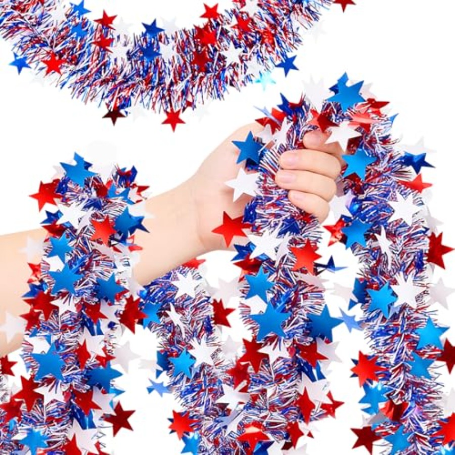Tinsel Garland Decoration - 50 Ft Patriotic Glitter Tinsel Garland